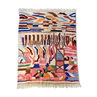 Moroccan berber carpet beni ouarain ecru with colorful patterns 300x215cm