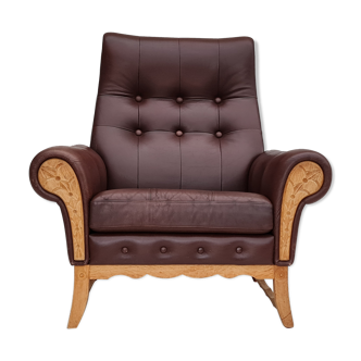1970s, vintage Danish highback armchair, leather, oak wood