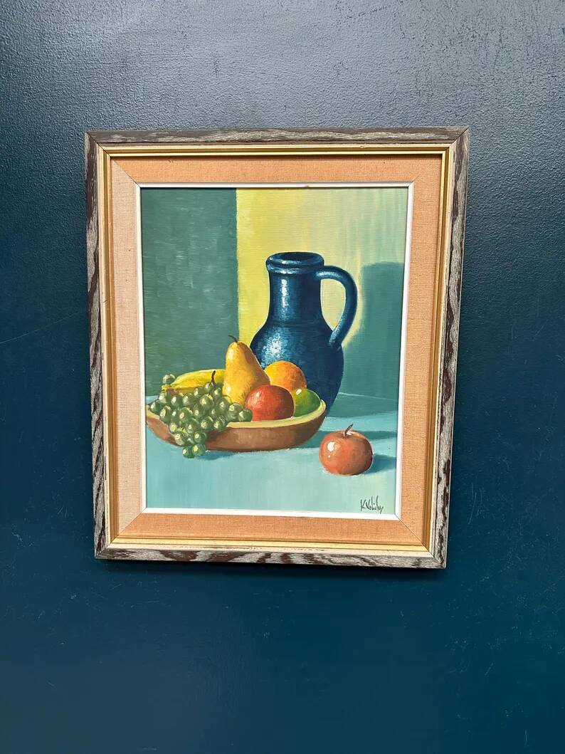 Original Swedish Oil on Canvas – 'Still Life with Fruits and Jug', Unknown Artist – Signed – Vintage and Framed – 52 × 44 cm (20.4" × 17.3")