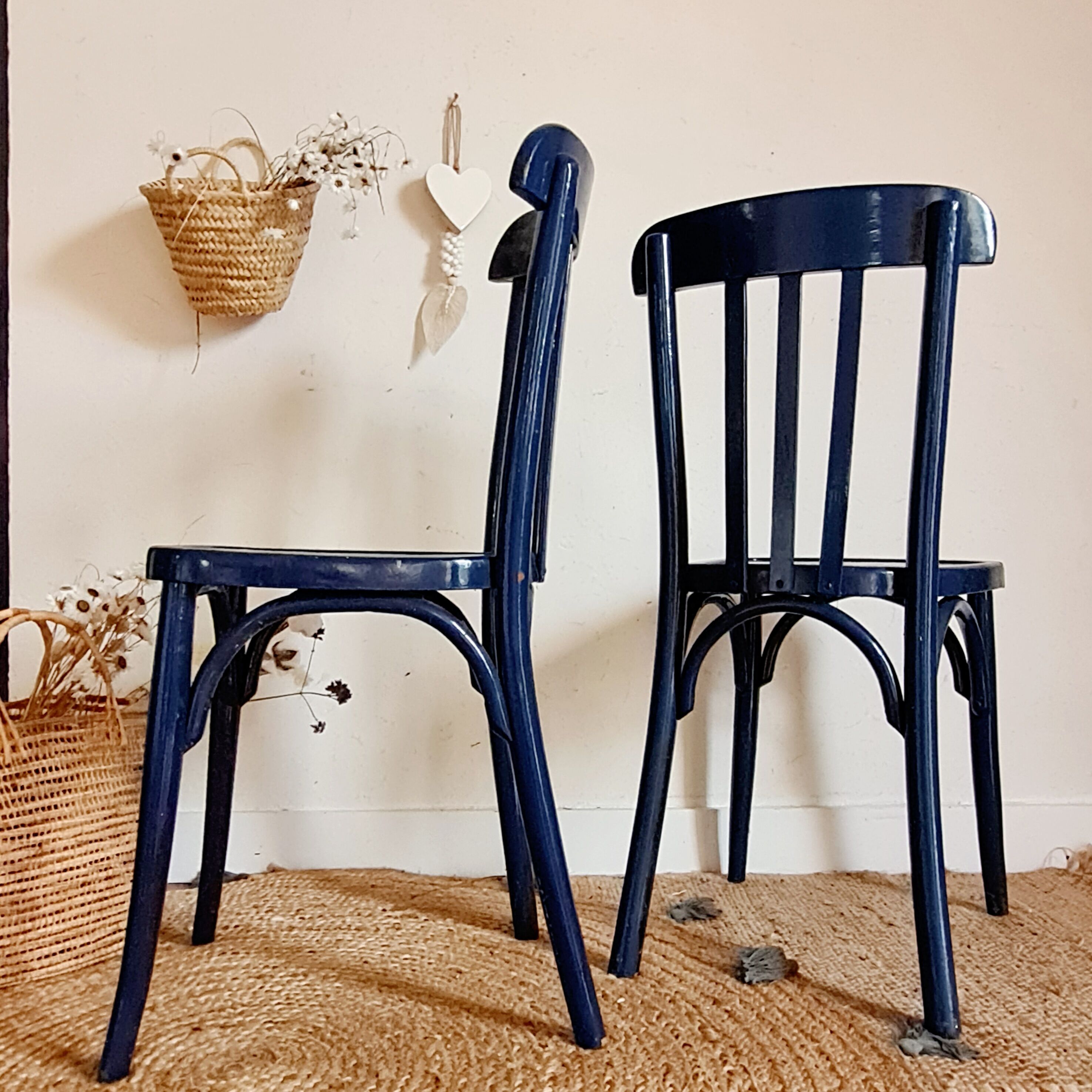 Duo of old blue bistro chairs