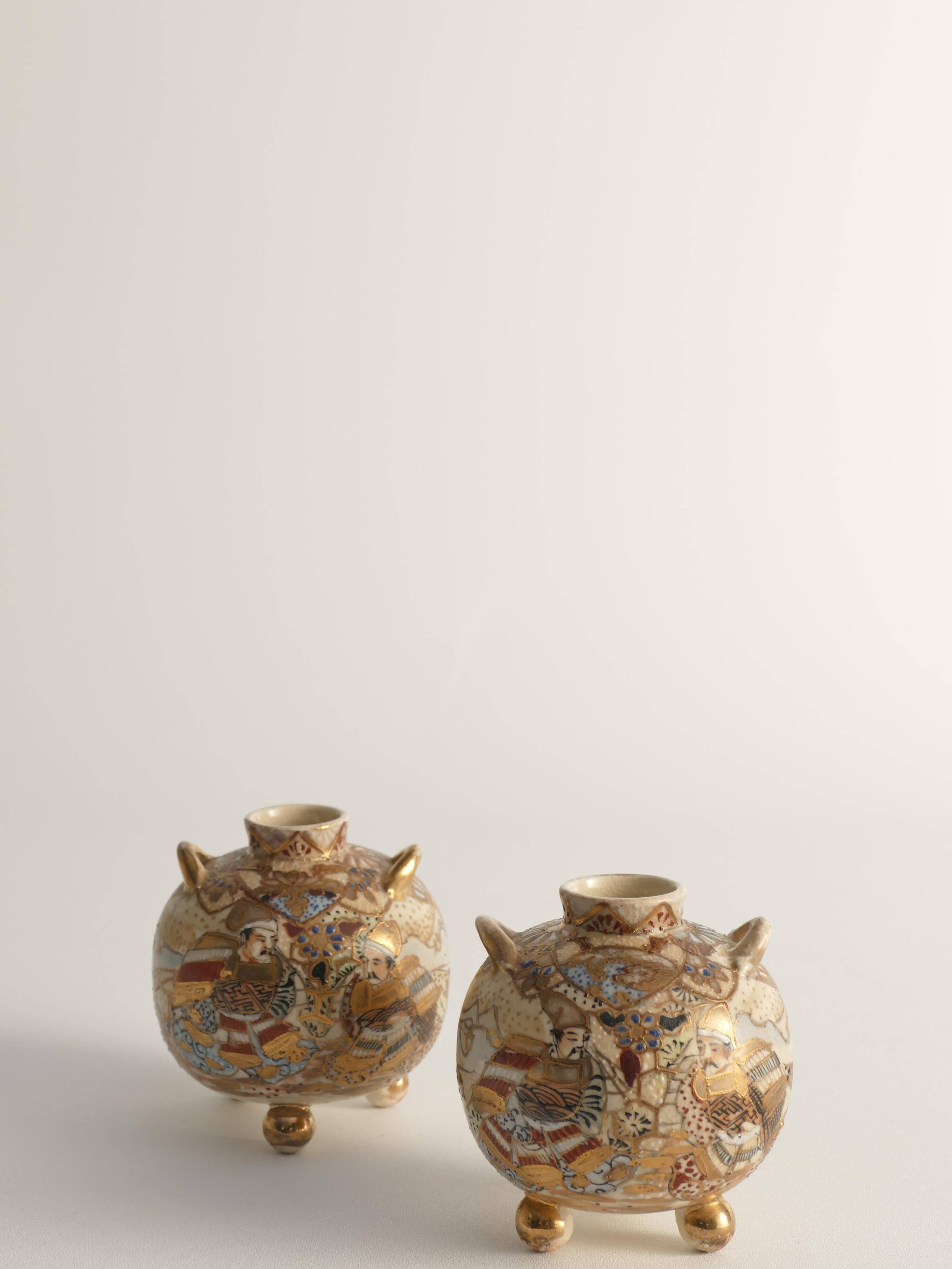 Satsuma Earthenware Vases, Hand-Painted Polychrome, Japan, Set of 2