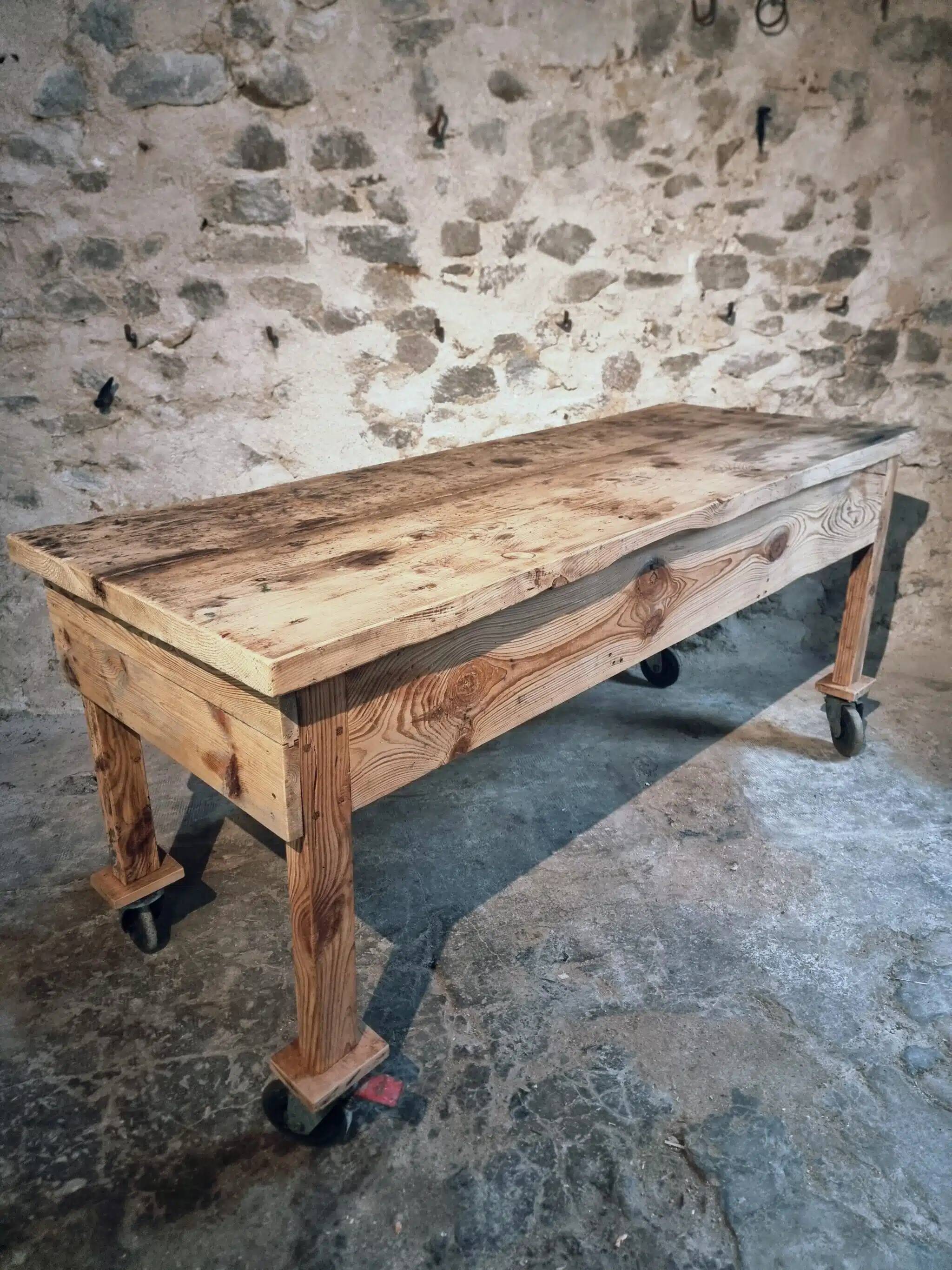 Vintage French pine work table, 1930s industrial kitchen island with drawer and casters