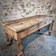 Vintage French pine work table, 1930s industrial kitchen island with drawer and casters