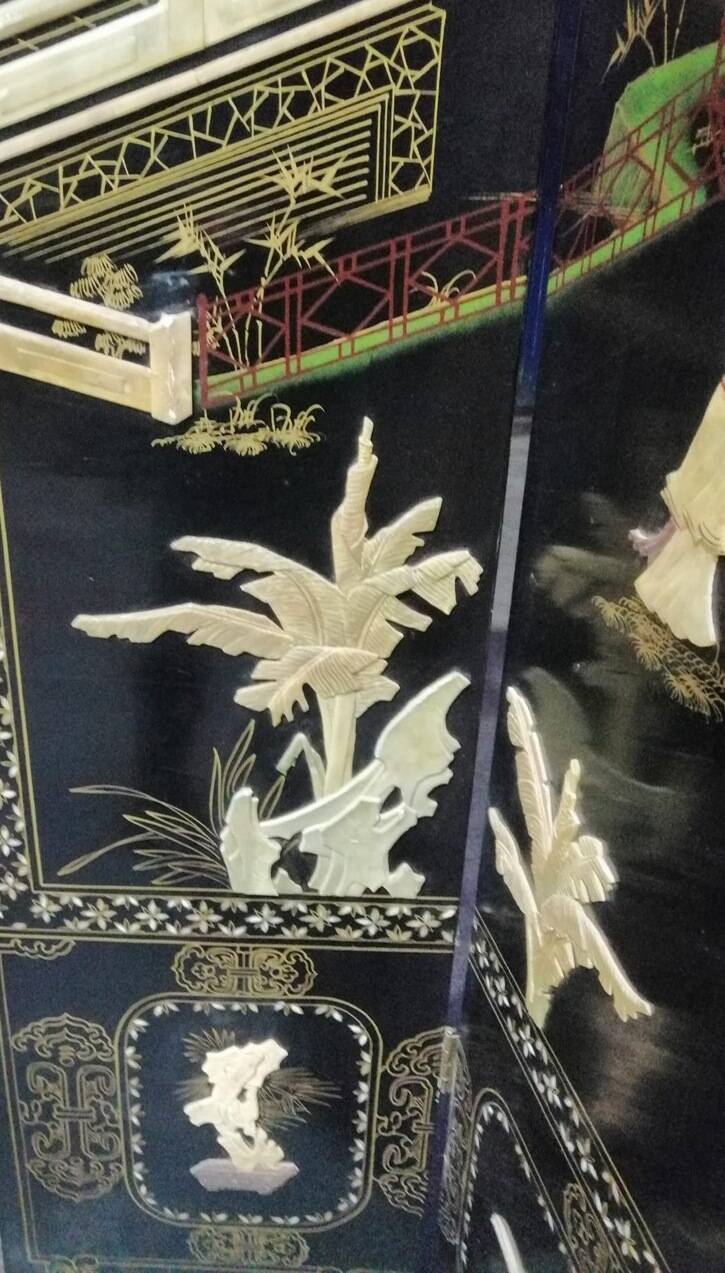 Antique Chinese bedroom screen, inlay of soapstone, jade, ivory, mother-of-pearl