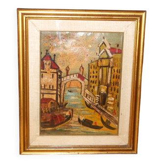 peinture à l'huile vintage scène de Venise * toile encadrée * milieu du siècle