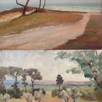 Painting bifacial view orientalist and mediterranean landscape signed mid-XX°