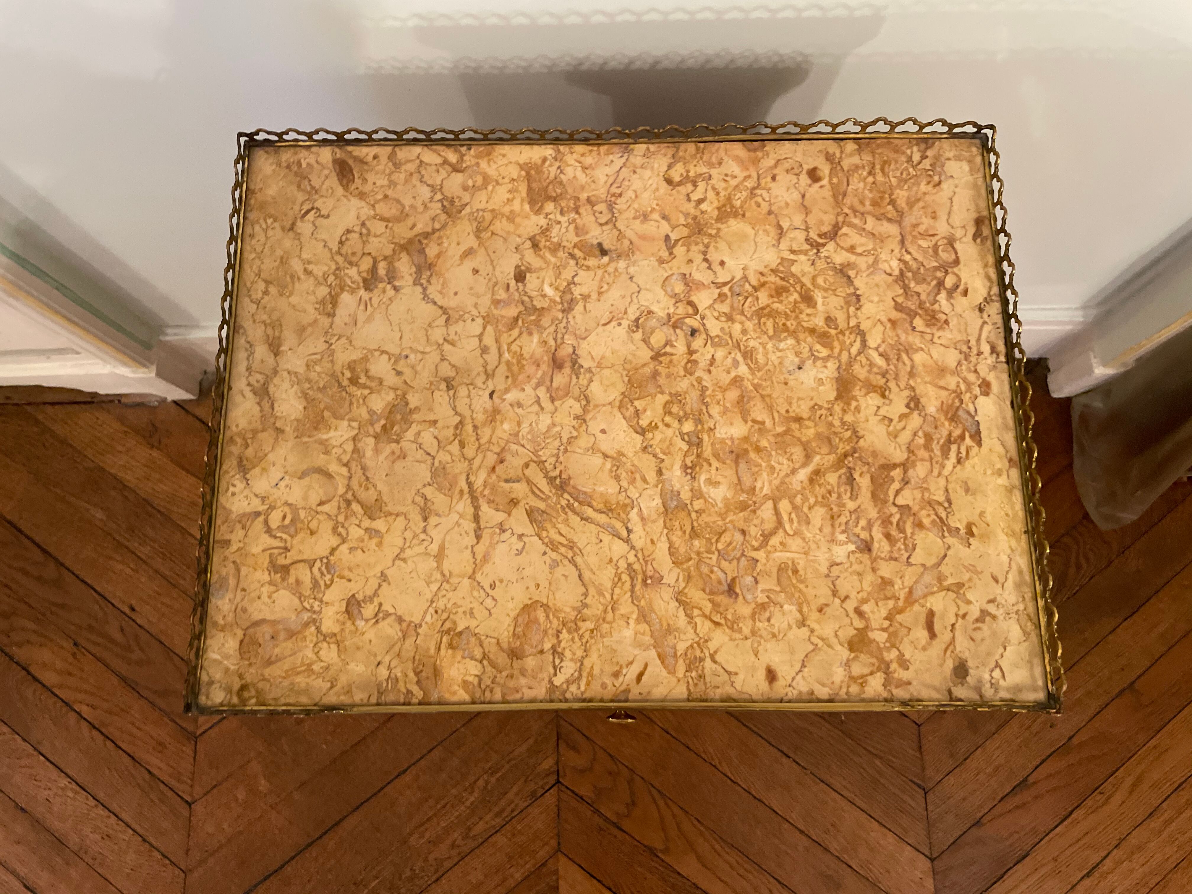 Bedside table of the 18th Louis XV period in marquetry and marble