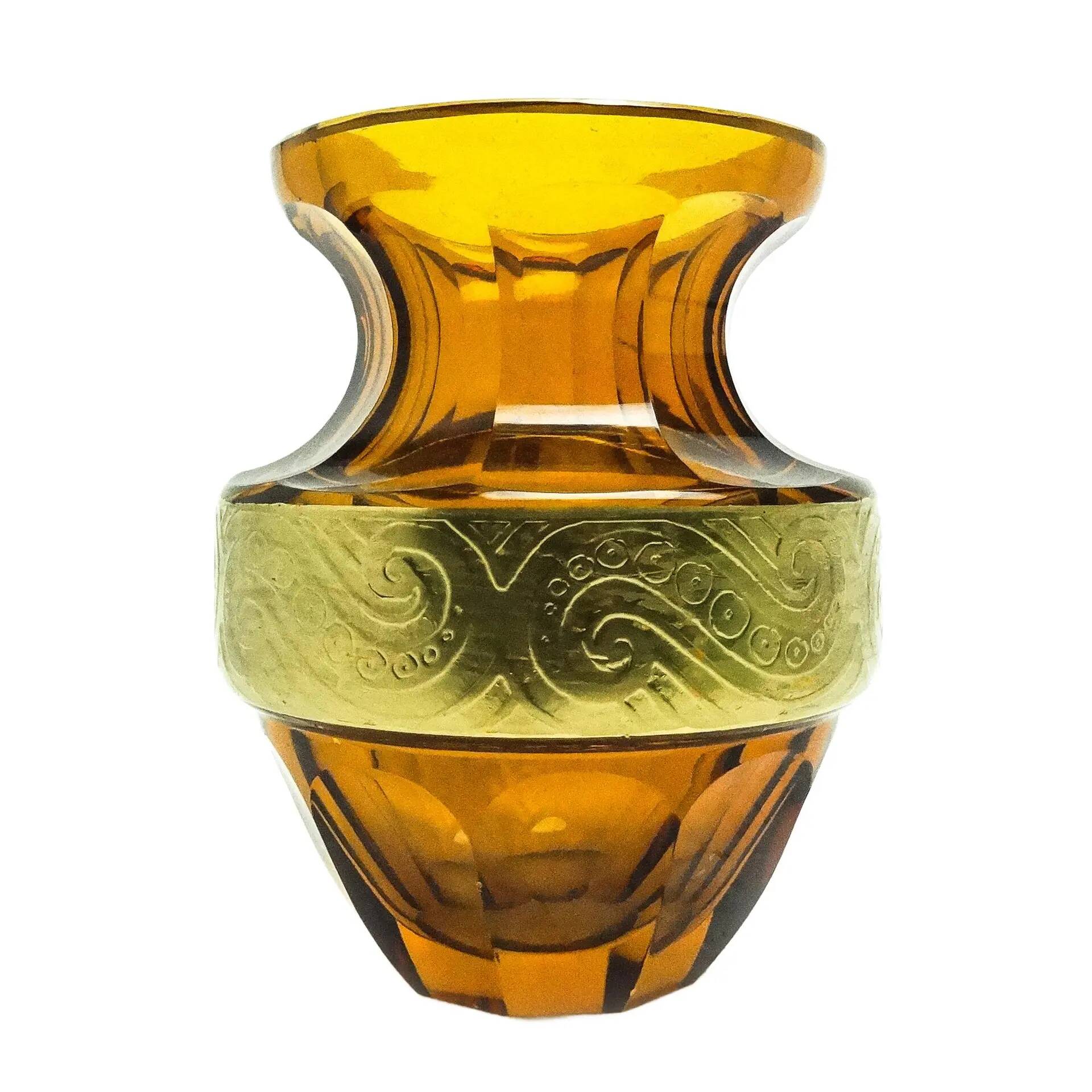 Art Deco vase, honey crystal oroplastic, Moser, Czechoslovakia, 1930s