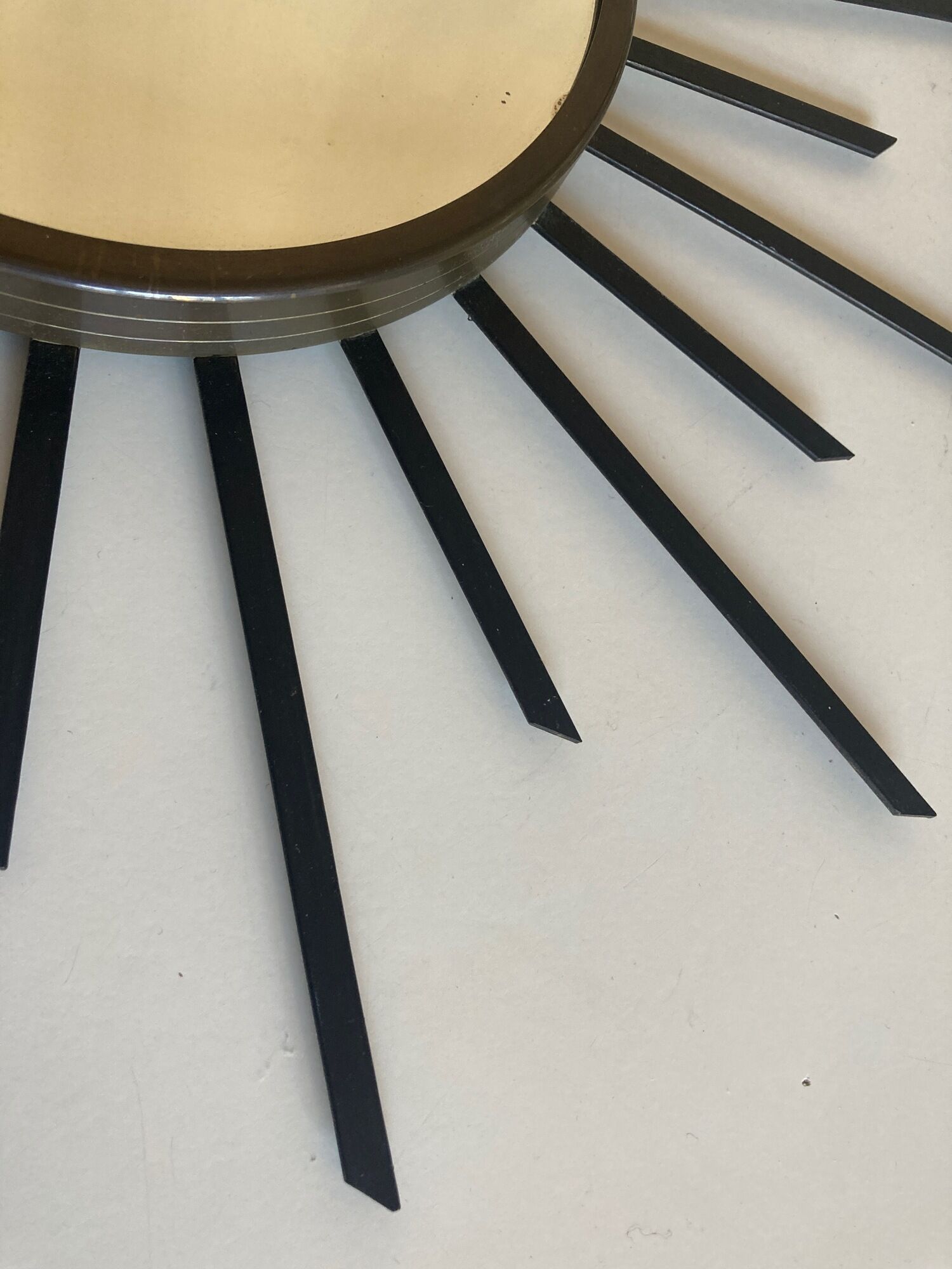 Sun mirror 1960 in patinated brass and black rays 50cm