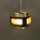 Danish hanging lamp, made in brass colored and brown metal, with yellowish hard pressed plastic deta