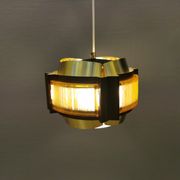 Danish hanging lamp, made in brass colored and brown metal, with yellowish hard pressed plastic deta
