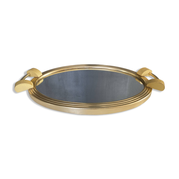 Plateau Art déco en aluminium doré bois et miroir