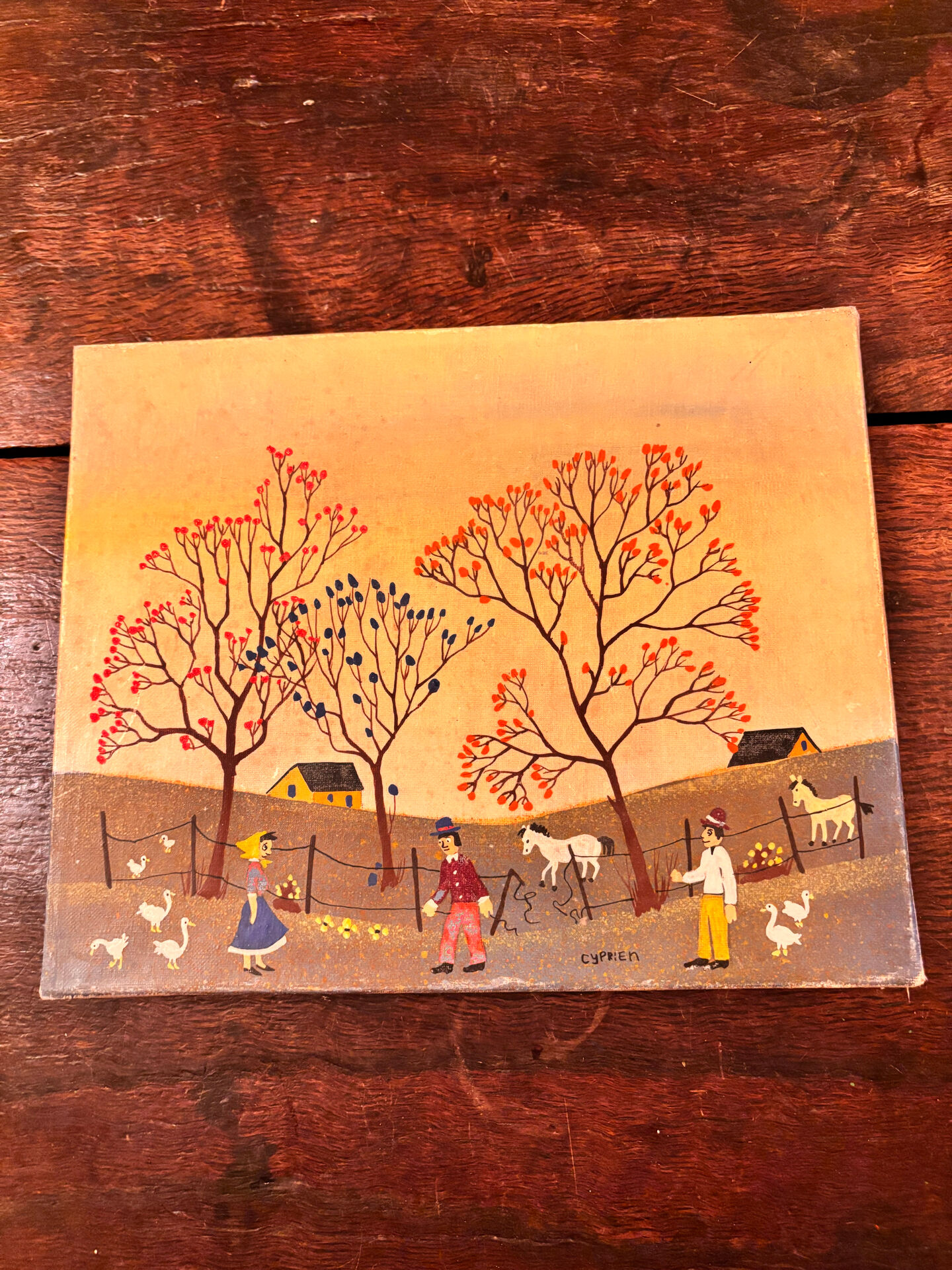 Tableau d'art naïf vintage - Scène champêtre. Art populaire