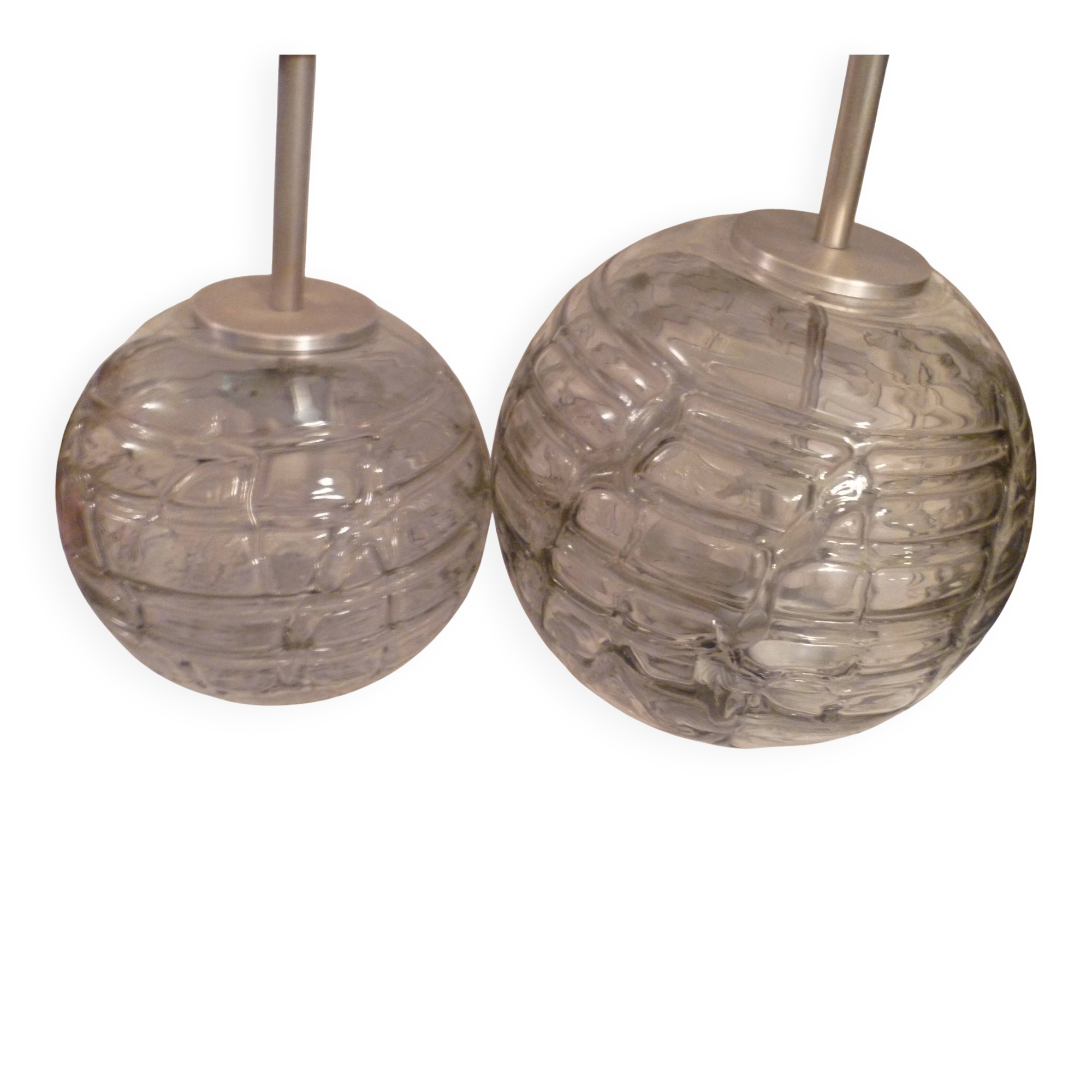 Set of 2 smoked glass ball suspensions by Doria Leuchten, Germany, 1970s.