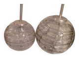 Set of 2 smoked glass ball suspensions by Doria Leuchten, Germany, 1970s.