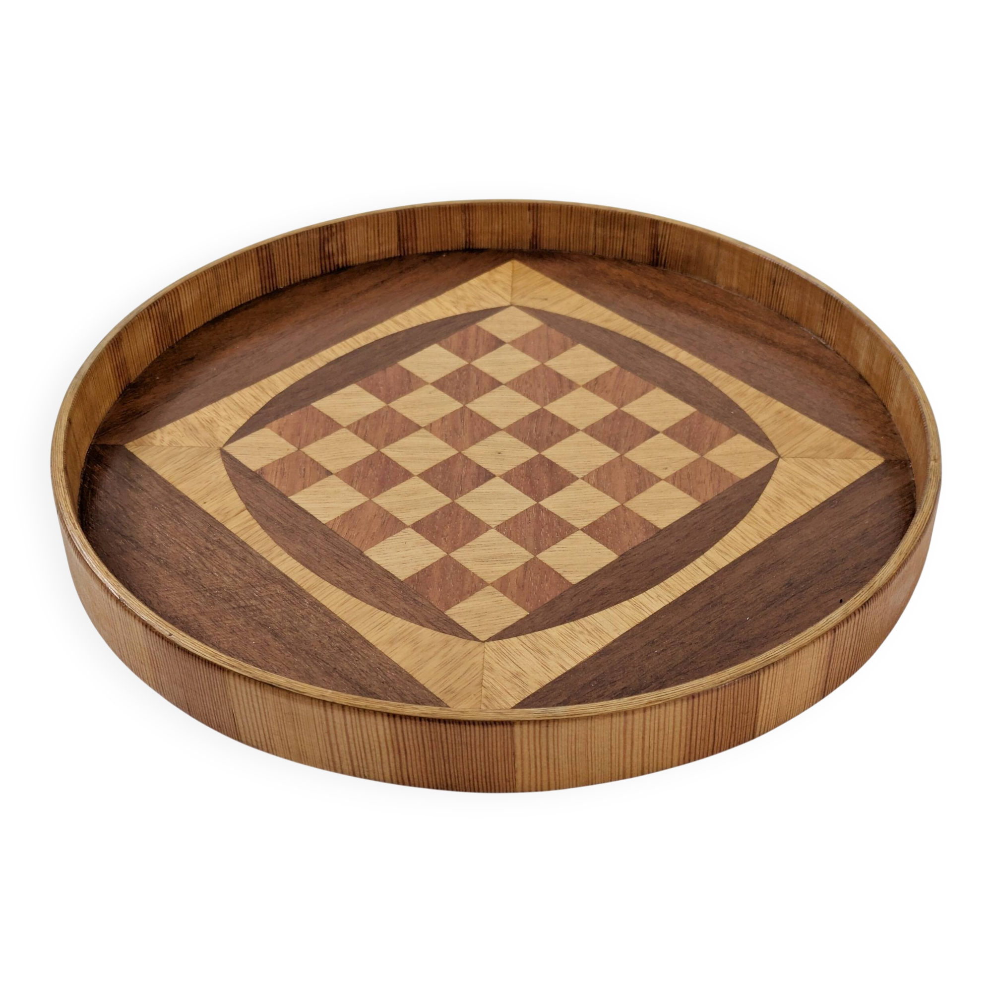 Round checkered tray in marquetry wood, vintage design from the 60s