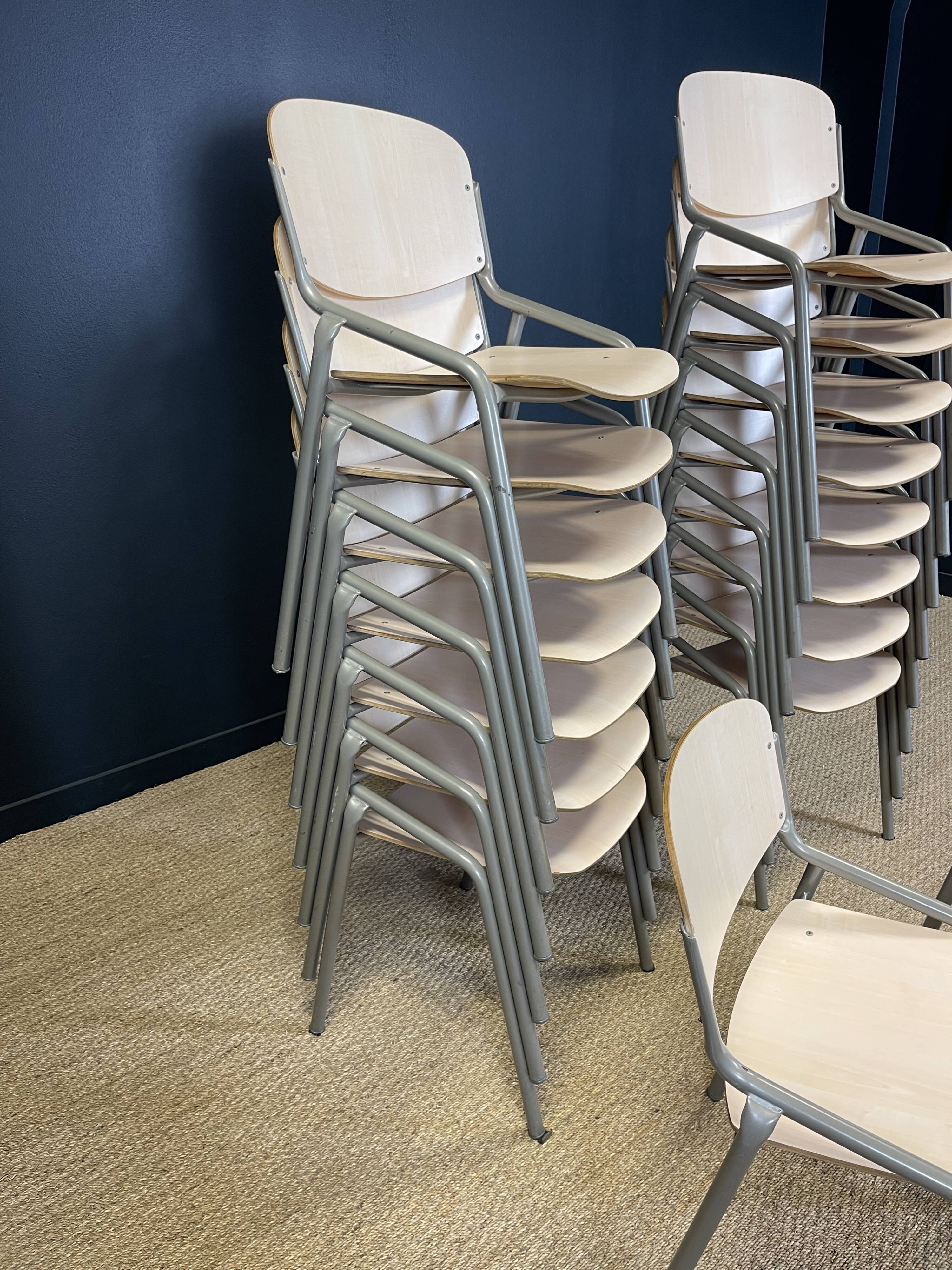 Set of 17 Eromes school chairs light wood gray steel Netherlands 80s