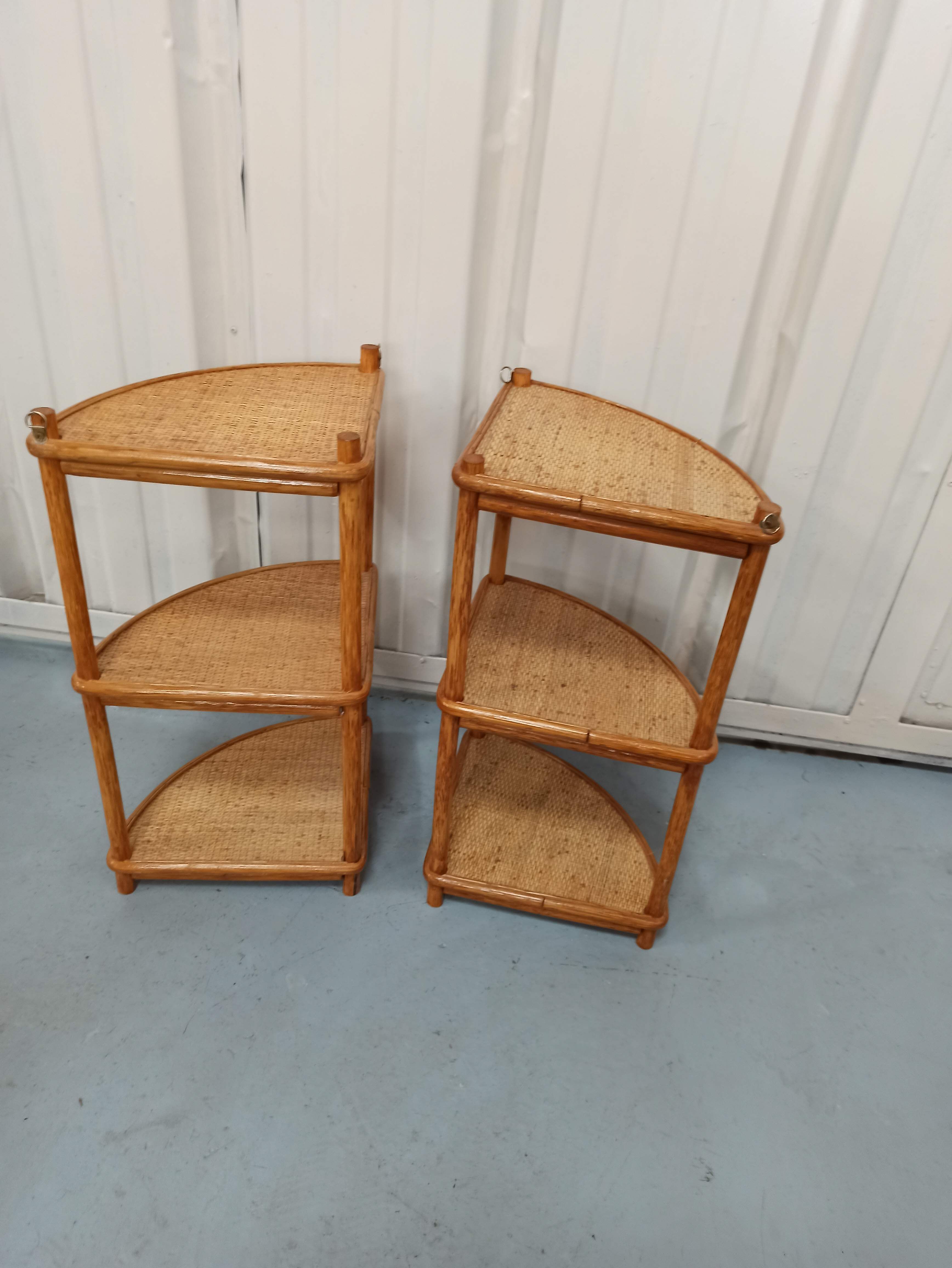Pair corner shelves bamboo and braided rattan angle bedside tables shelf