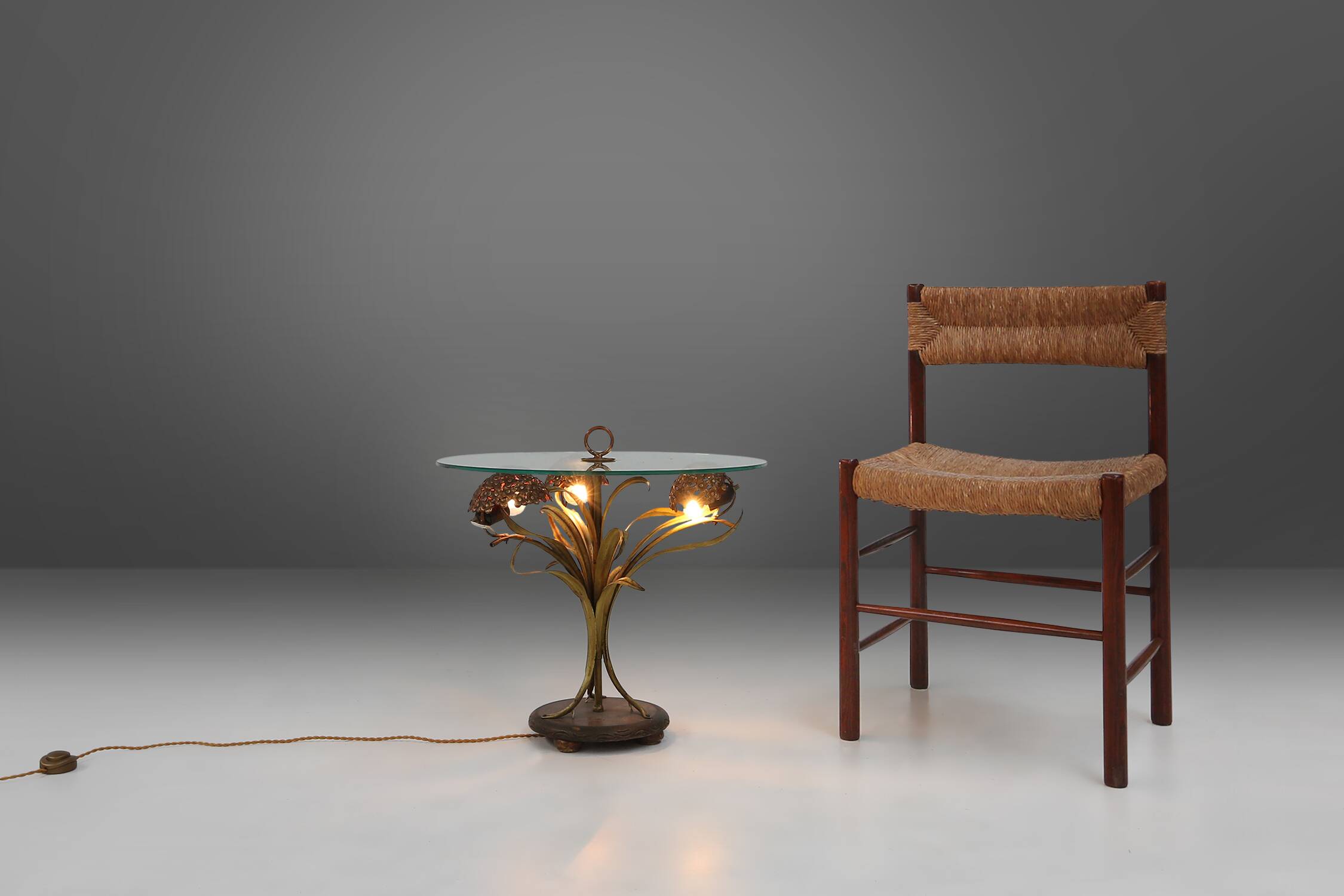 French Hollywood Regency style coffee table with lightning in brass flowers, 1950