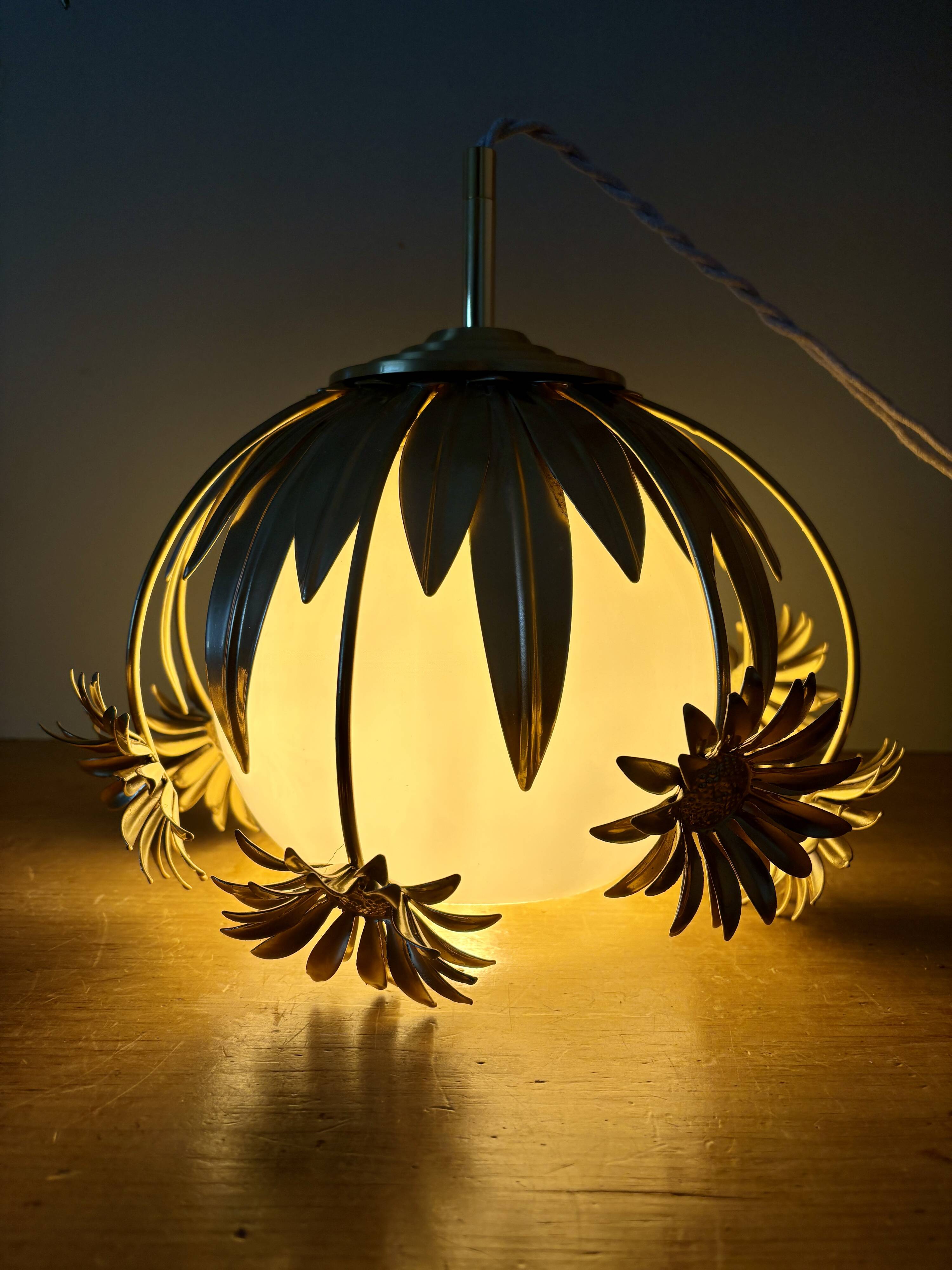 Pendant light in gilded metal and antique opaline globe