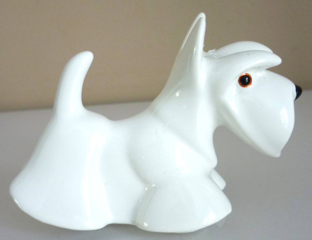 Salt and pepper shakers, glazed ceramic, Scottish terrier dog, signed