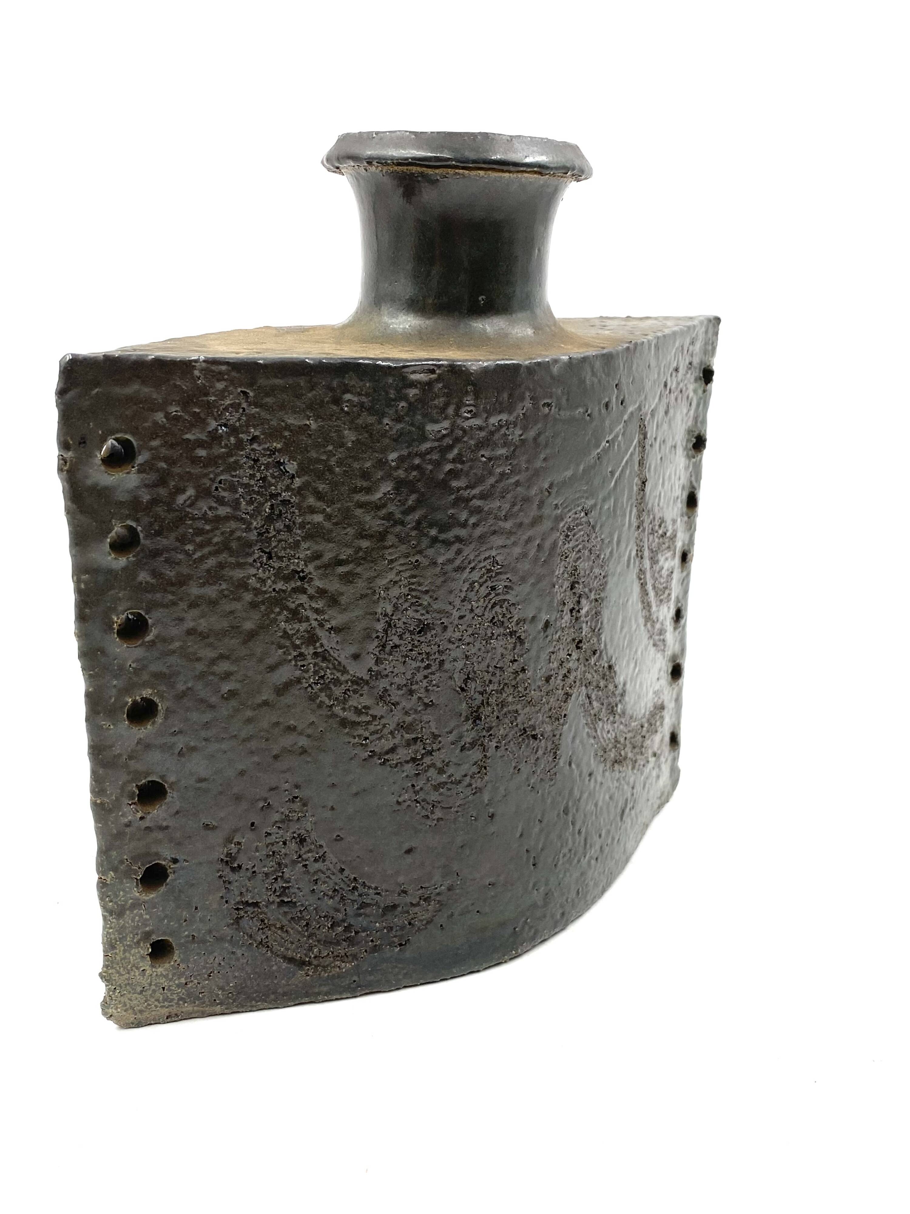 Dark green brutalist ceramic vase, Italy 1980s