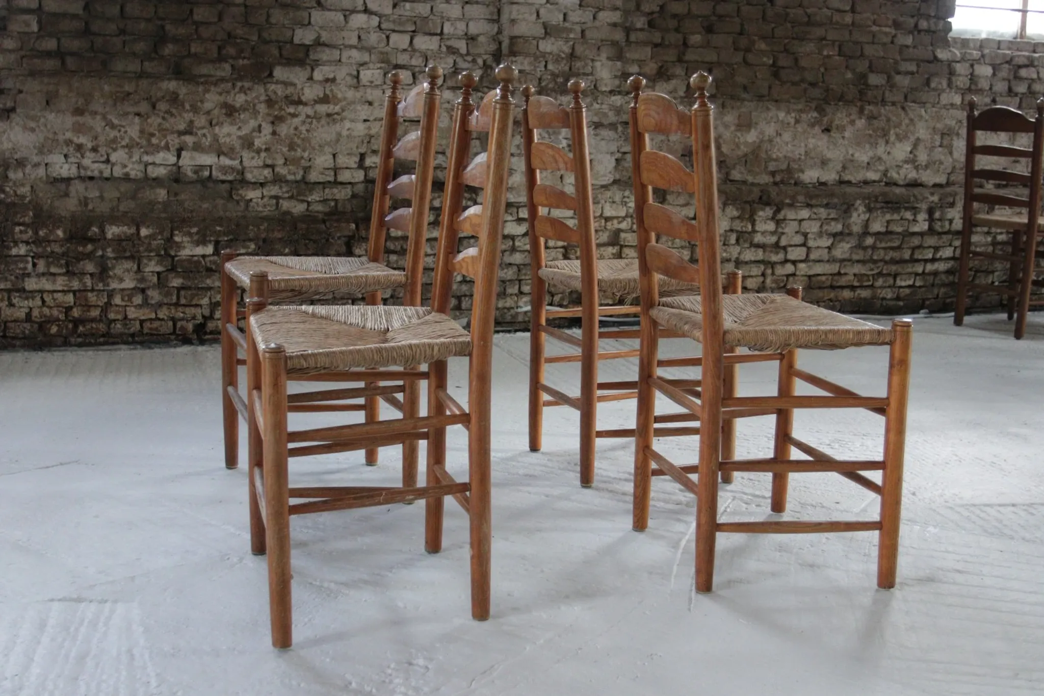 Set of 4 old Dutch oak ladderback chairs with rush seats – 1960s