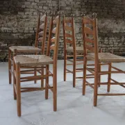 Set of 4 old Dutch oak ladderback chairs with rush seats – 1960s