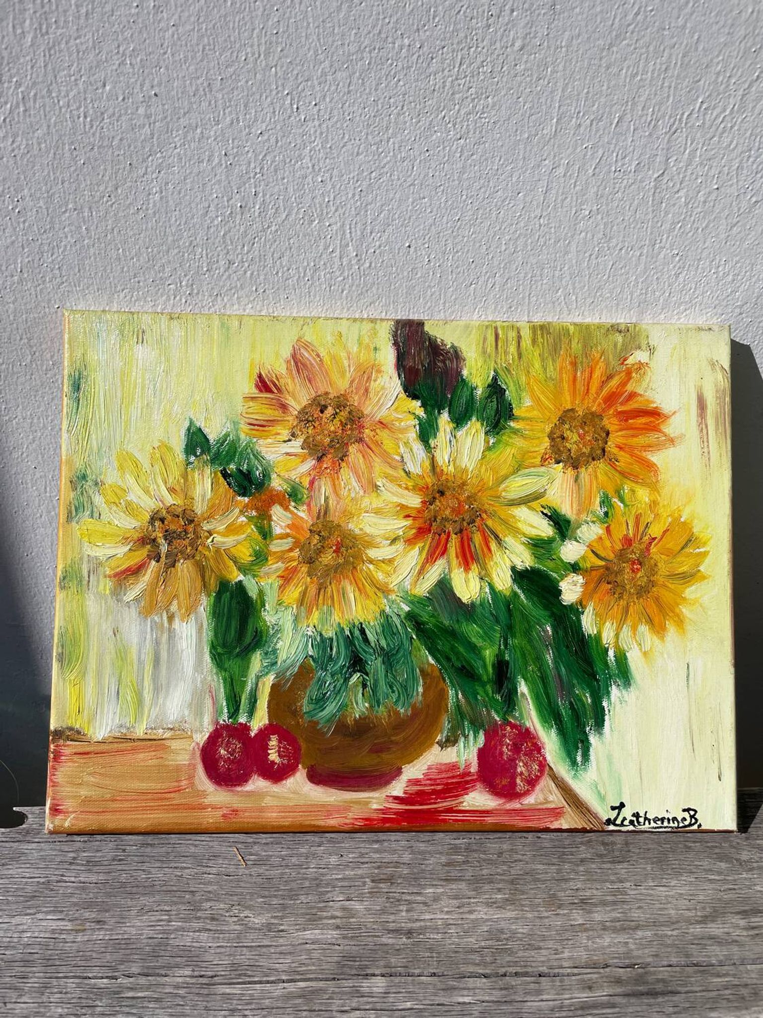 Huile sur toile d’un bouquet de tournesols