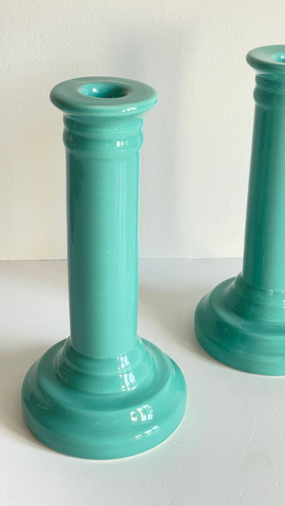 Pair of vintage ocean blue ceramic candlesticks