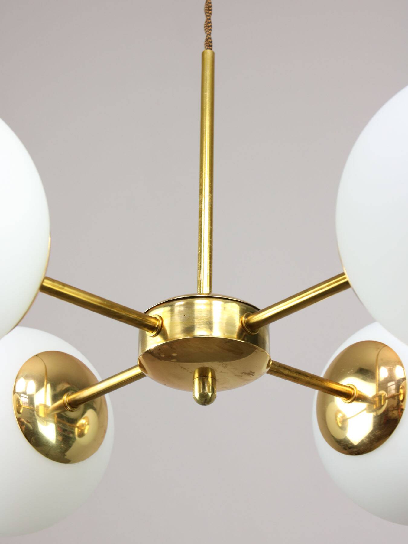 Italian Mid Century Golden Sputnik Chandelier with Opaline Shades, 1960s