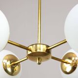 Italian Mid Century Golden Sputnik Chandelier with Opaline Shades, 1960s