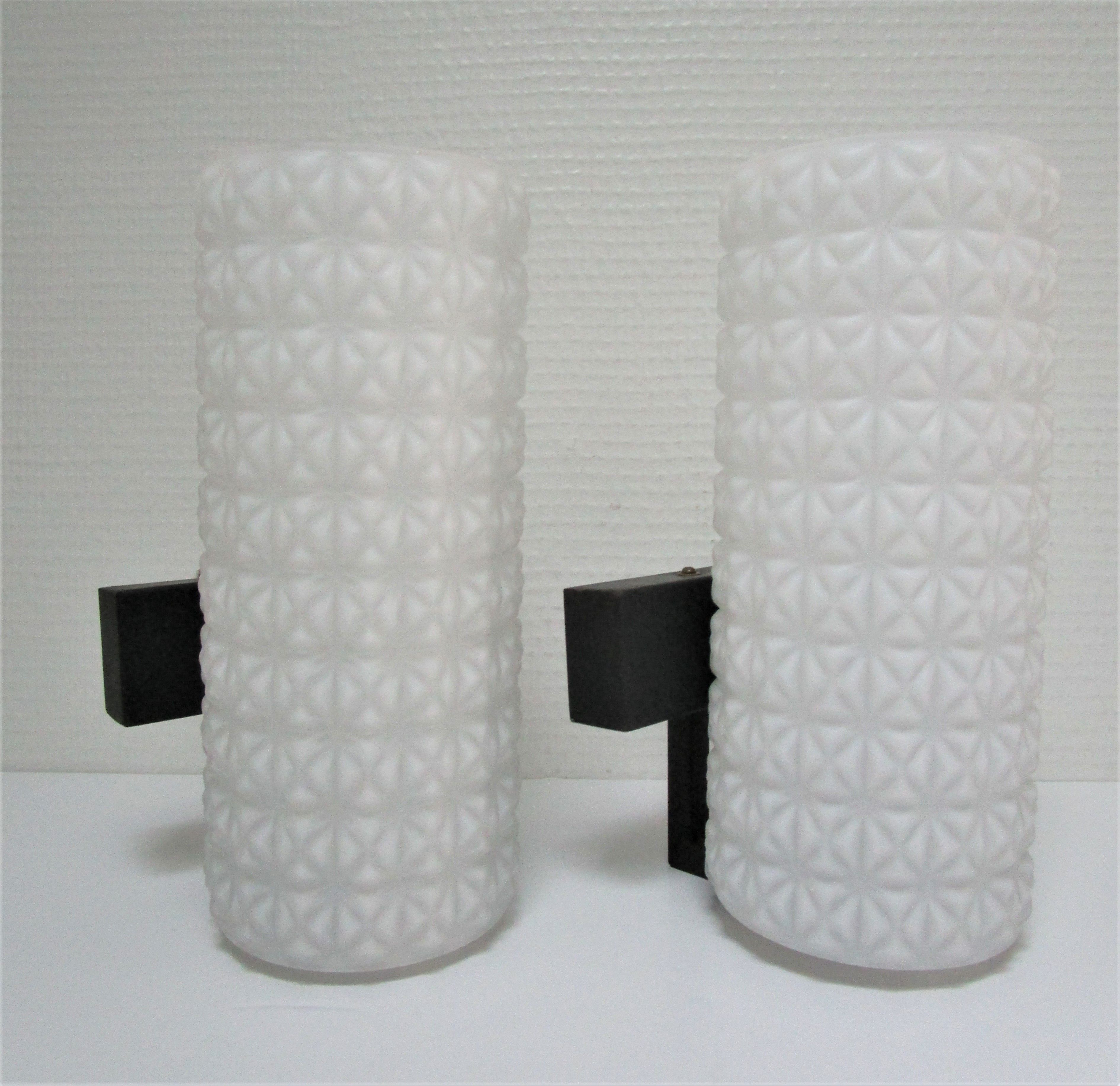 Pair of opaline wall lamps cylinder and metal years 50-60