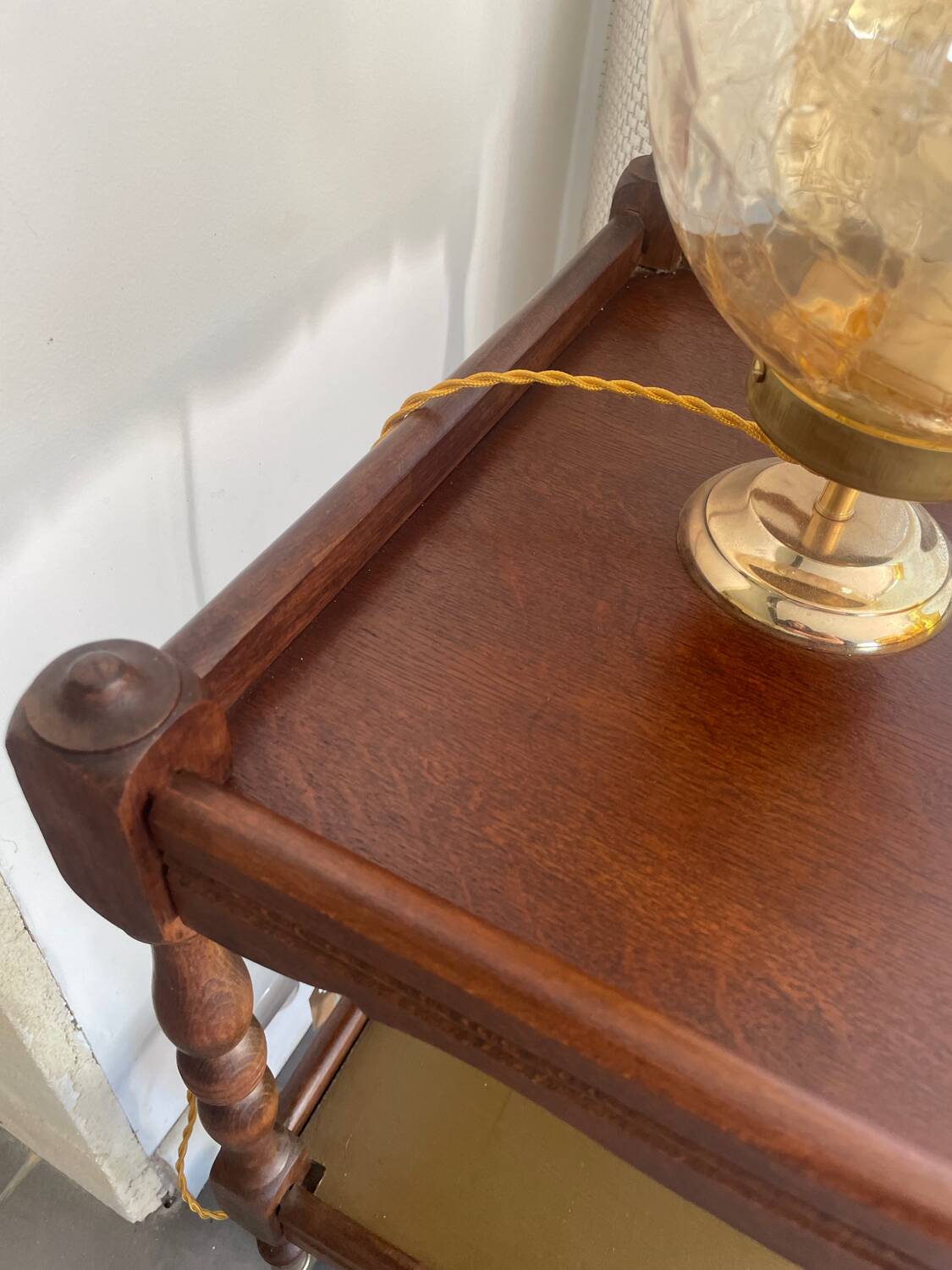Vintage wooden and gilded brass rolling dessert trolley