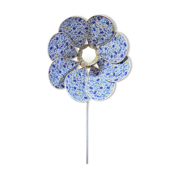Applique murale fleur, 8 pétales en rotin et tissu fleuri