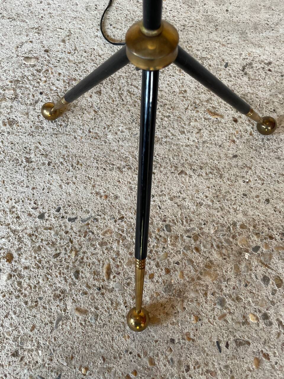 Vintage floor lamp, brass decorations, tripod legs circa 1960's
