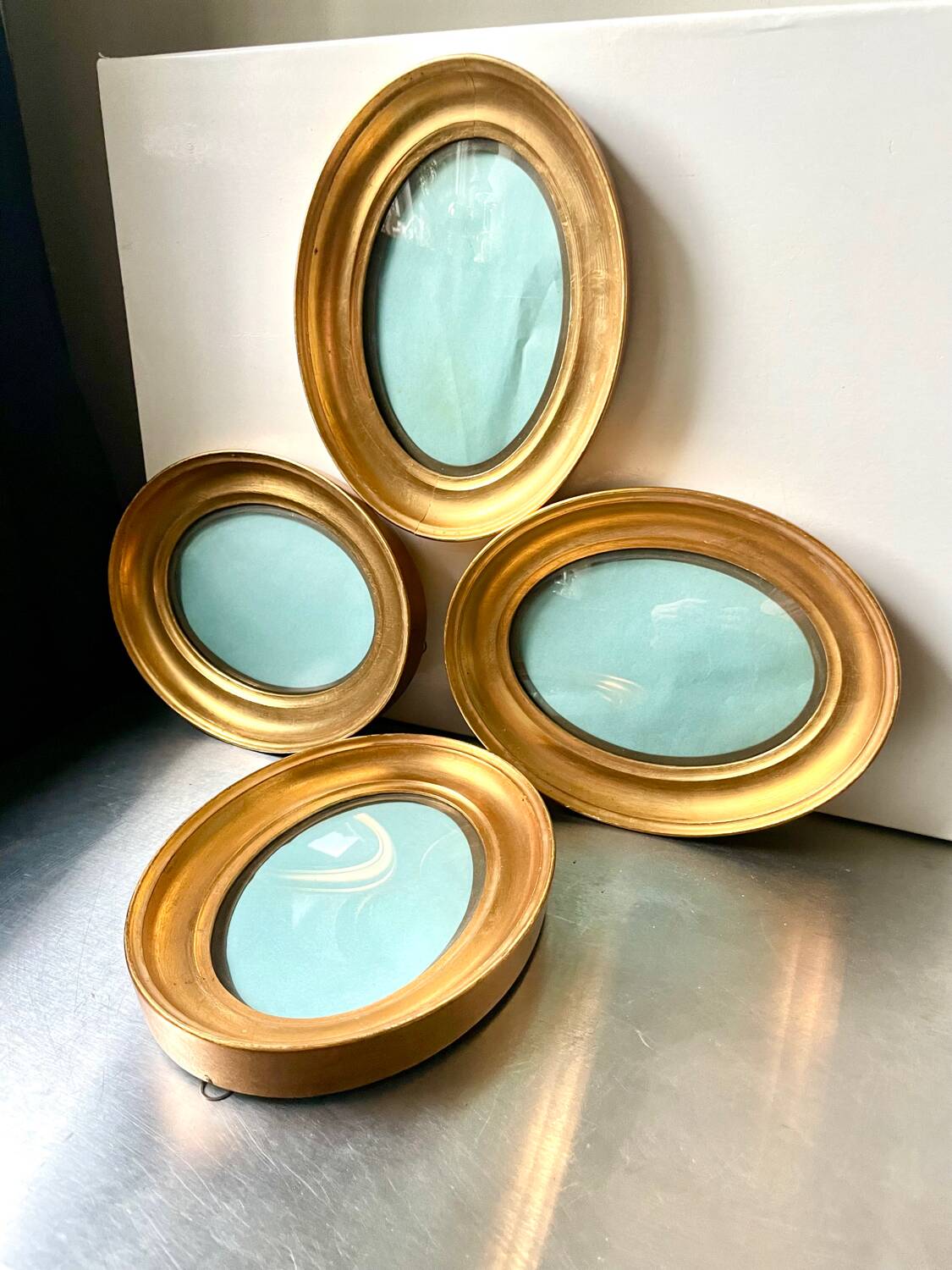 Lot of 4 Antique Oval Gilded Frames  CONVEX glass , each frame 19.5 cm x 15.5 cm