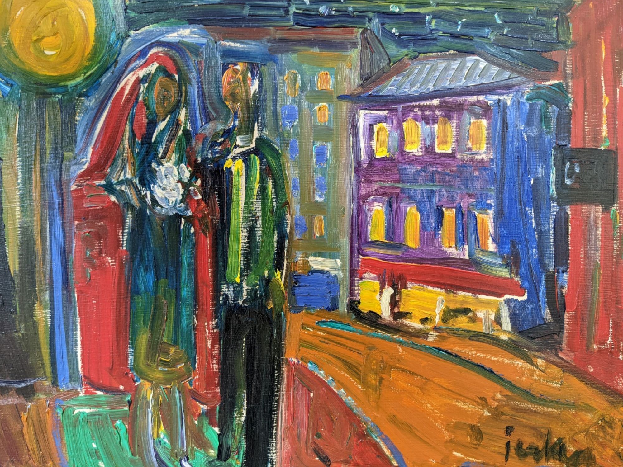 Mid-Century Modern Swedish "Just Married" Vintage Street Scene, Framed Oil Painting