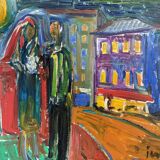 Mid-Century Modern Swedish "Just Married" Vintage Street Scene, Framed Oil Painting