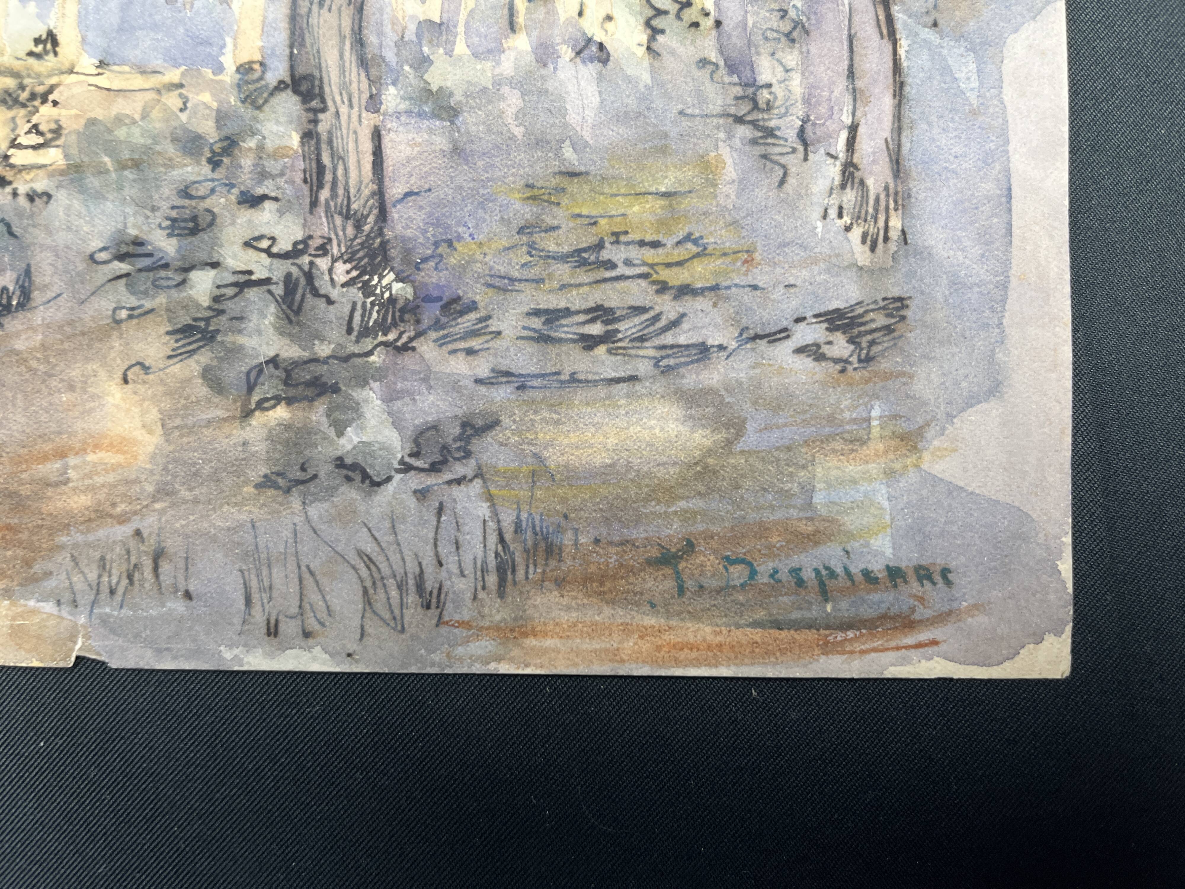Despierre, Watercolor landscape undergrowth signed frame 20th century