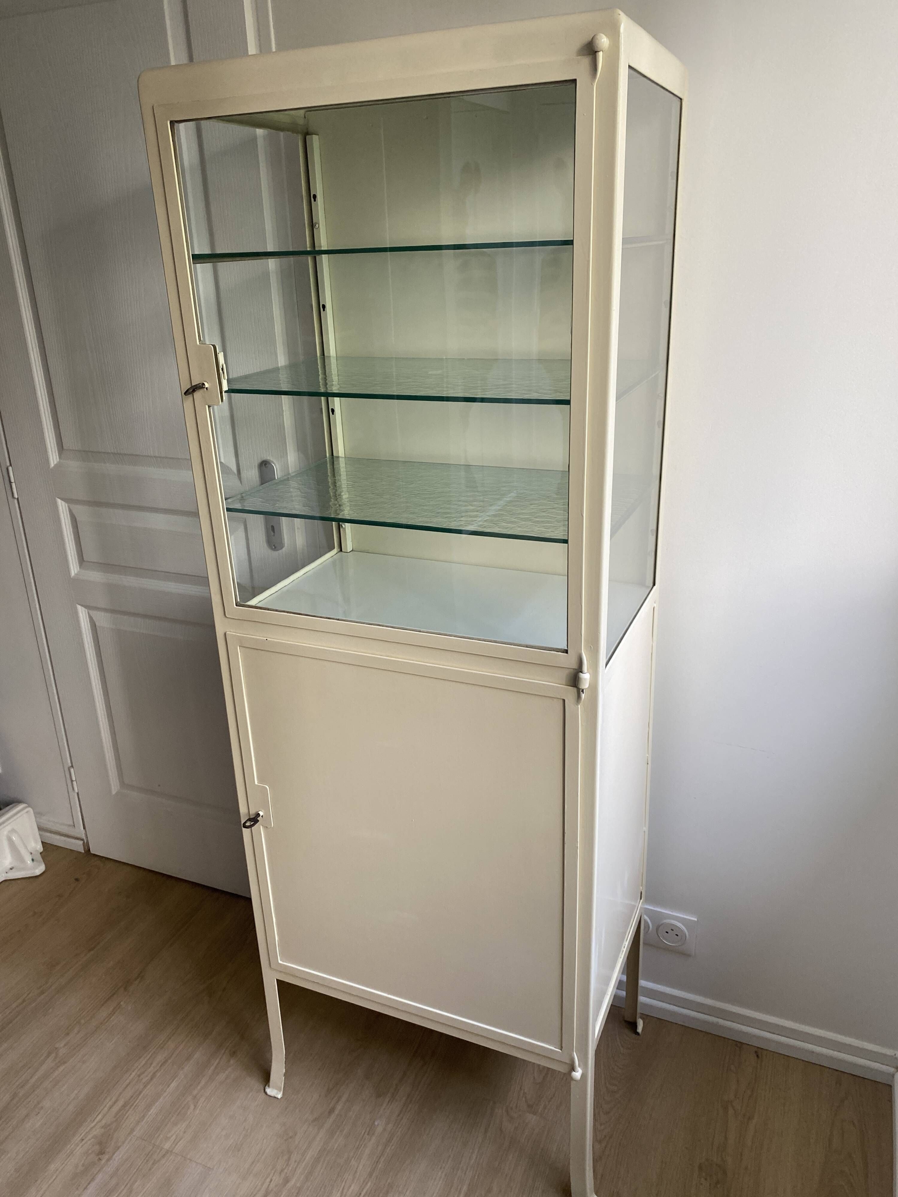 Vintage Parisian cabinet, metal display cabinet, small painted display cabinet