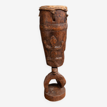 Tamtam Drum Africanist XXth decoration of carved animals patina of origin
