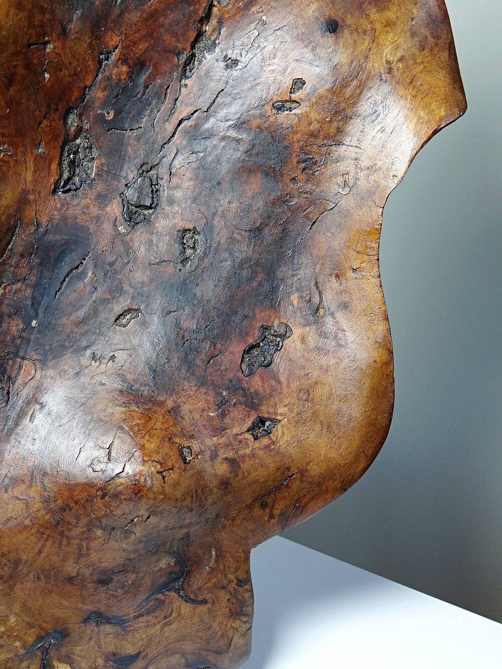 Large monoxyl bowl in dark raw olive wood from the 50s