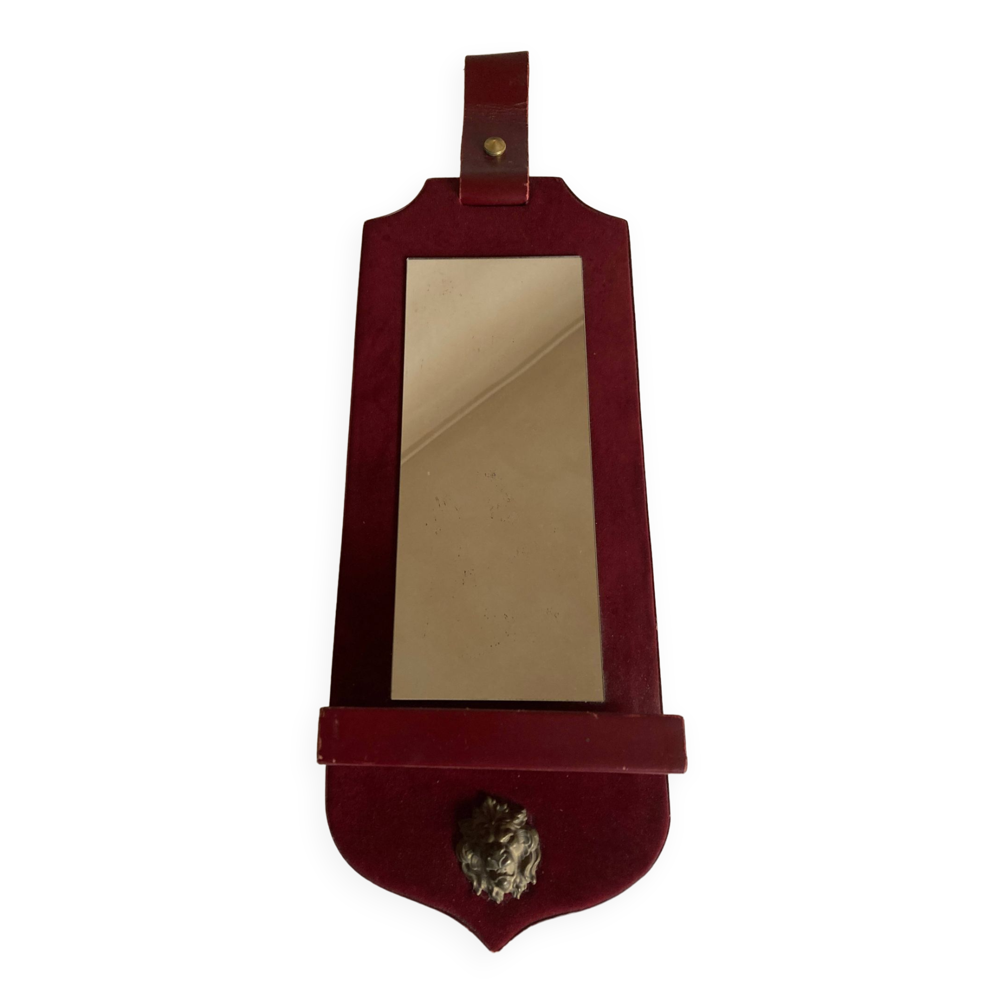1960 cloakroom mirror with leather and brass shelf