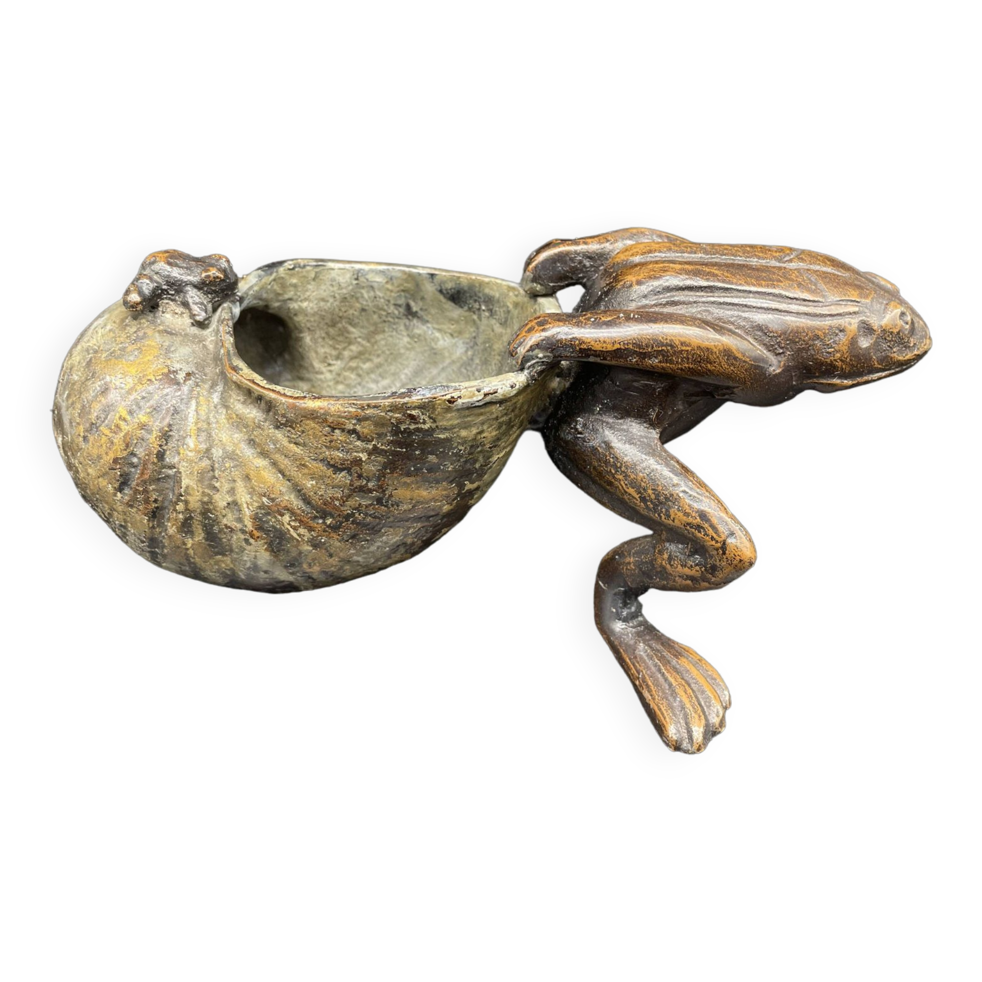 Frog, pulling snail shell, bronze sculpture, empty pocket, jewelry storage, collection