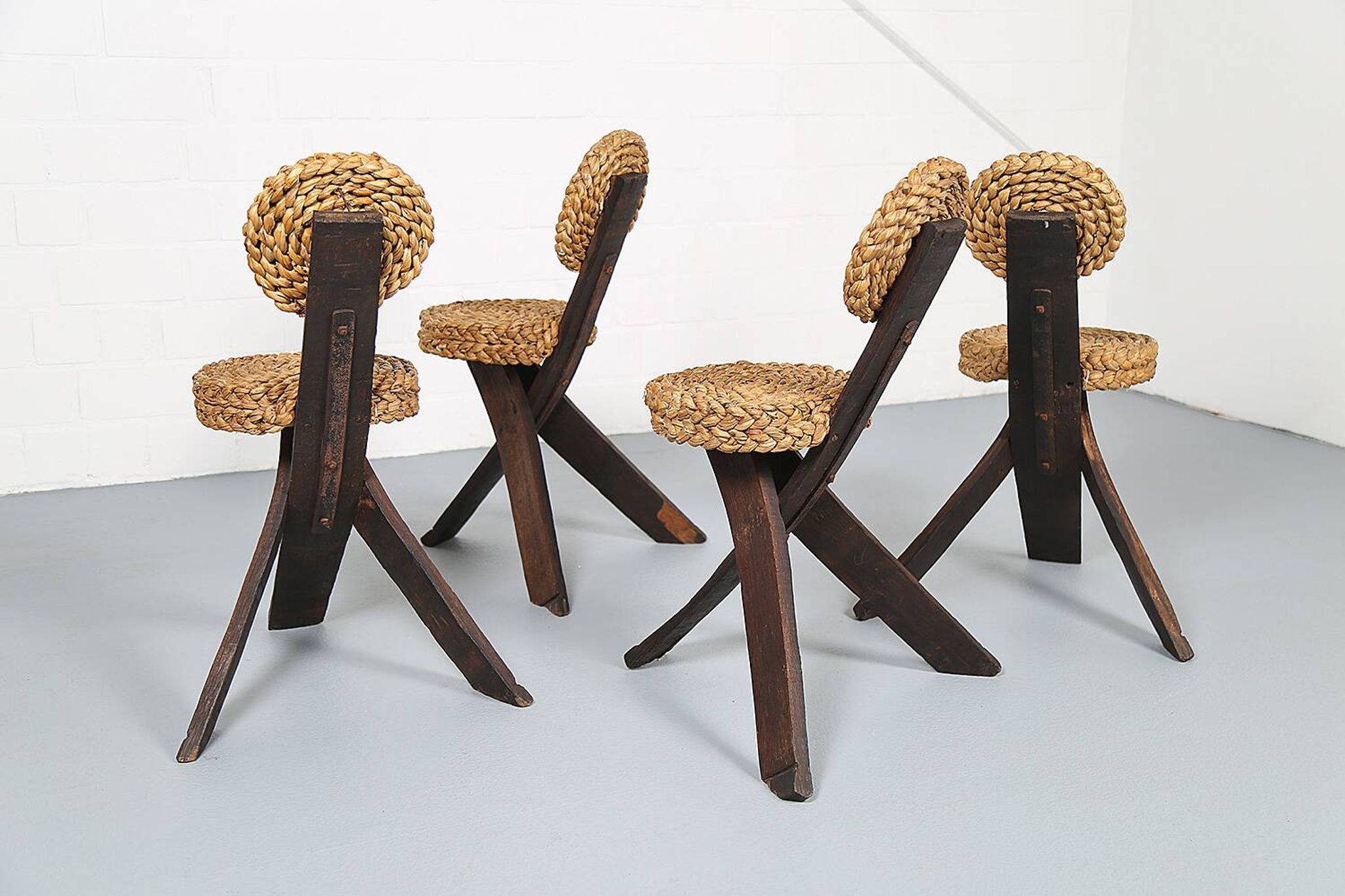 Original set of 4 tripod chairs by Frida Minet and Adrien Audoux, 1950s, France