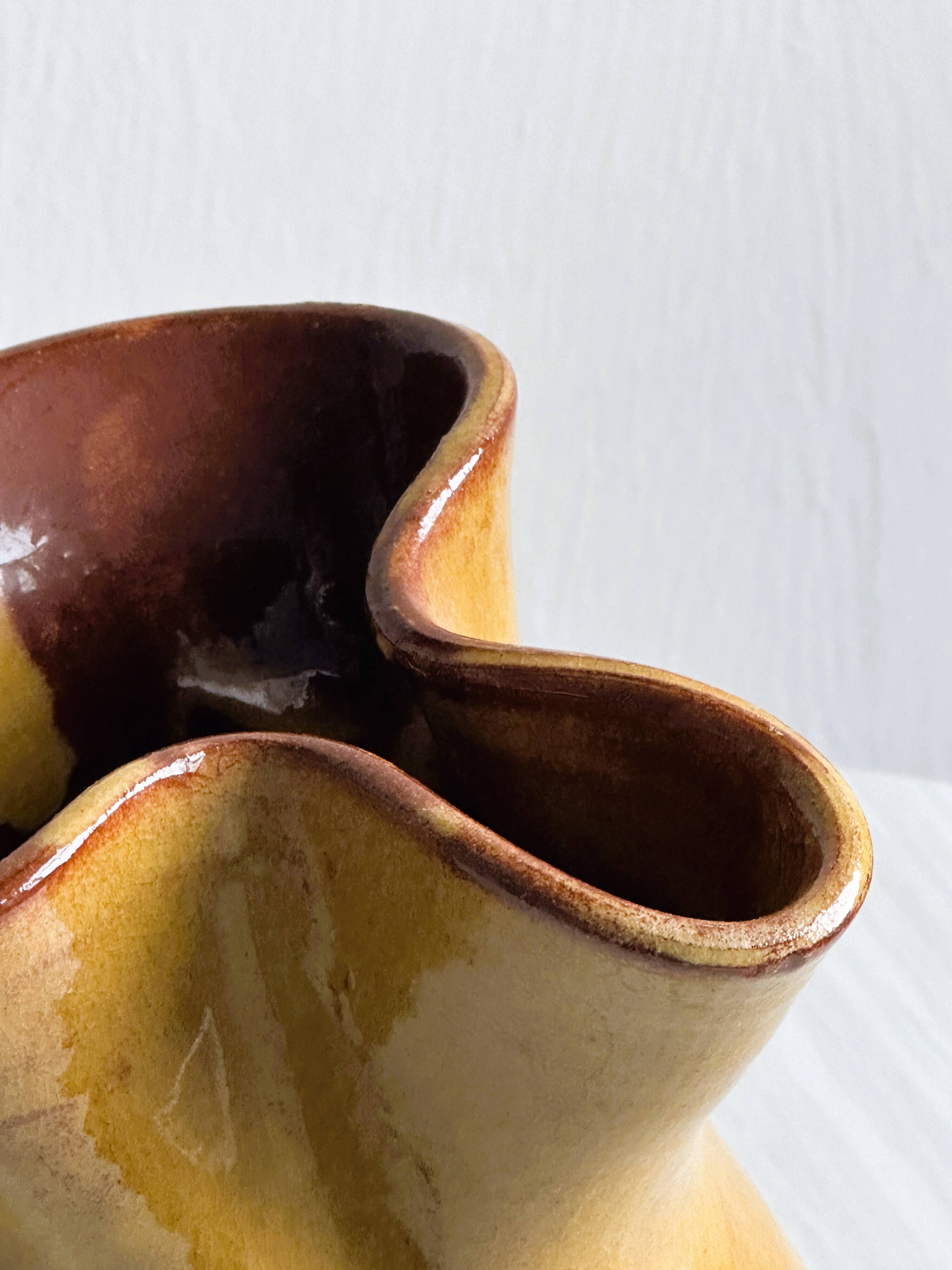 Vintage enameled ceramic pitcher - Retro mustard yellow jar.