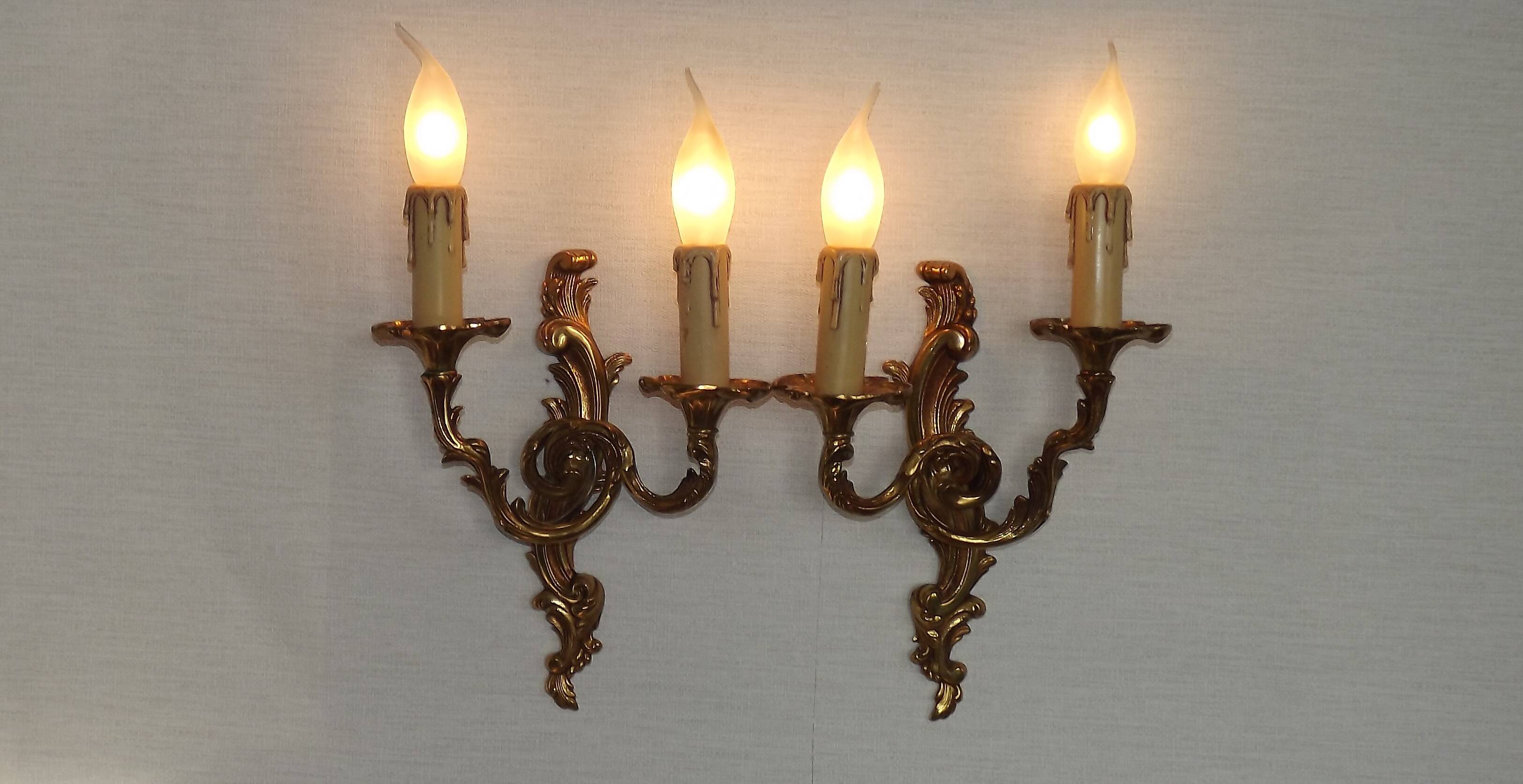 Stylish Vintage French Bronze Double Wall Sconces with Acanthus Leaf Detail