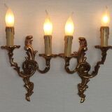 Stylish Vintage French Bronze Double Wall Sconces with Acanthus Leaf Detail