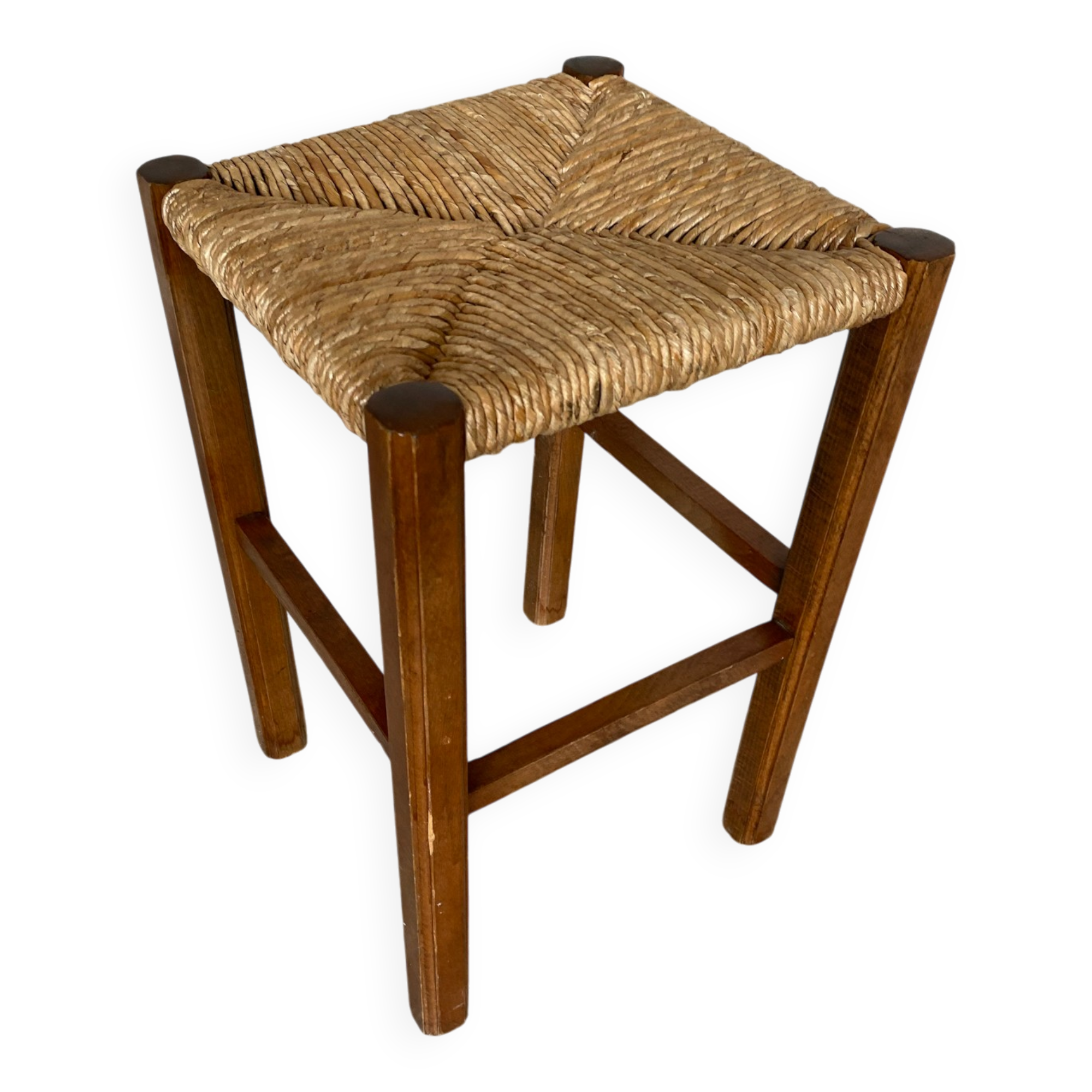 Antique Carved Wood Stool + Vintage Straw Seat #E099